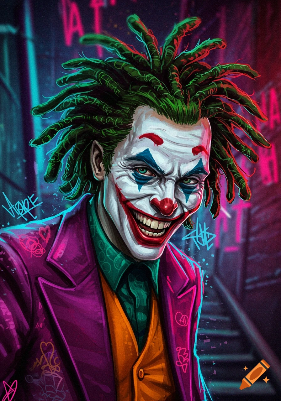 A stylized, vibrant portrait of the Joker with green dreadlocks, wearing a purple suit and orange vest, smiling maniacally in a neon-lit city street.