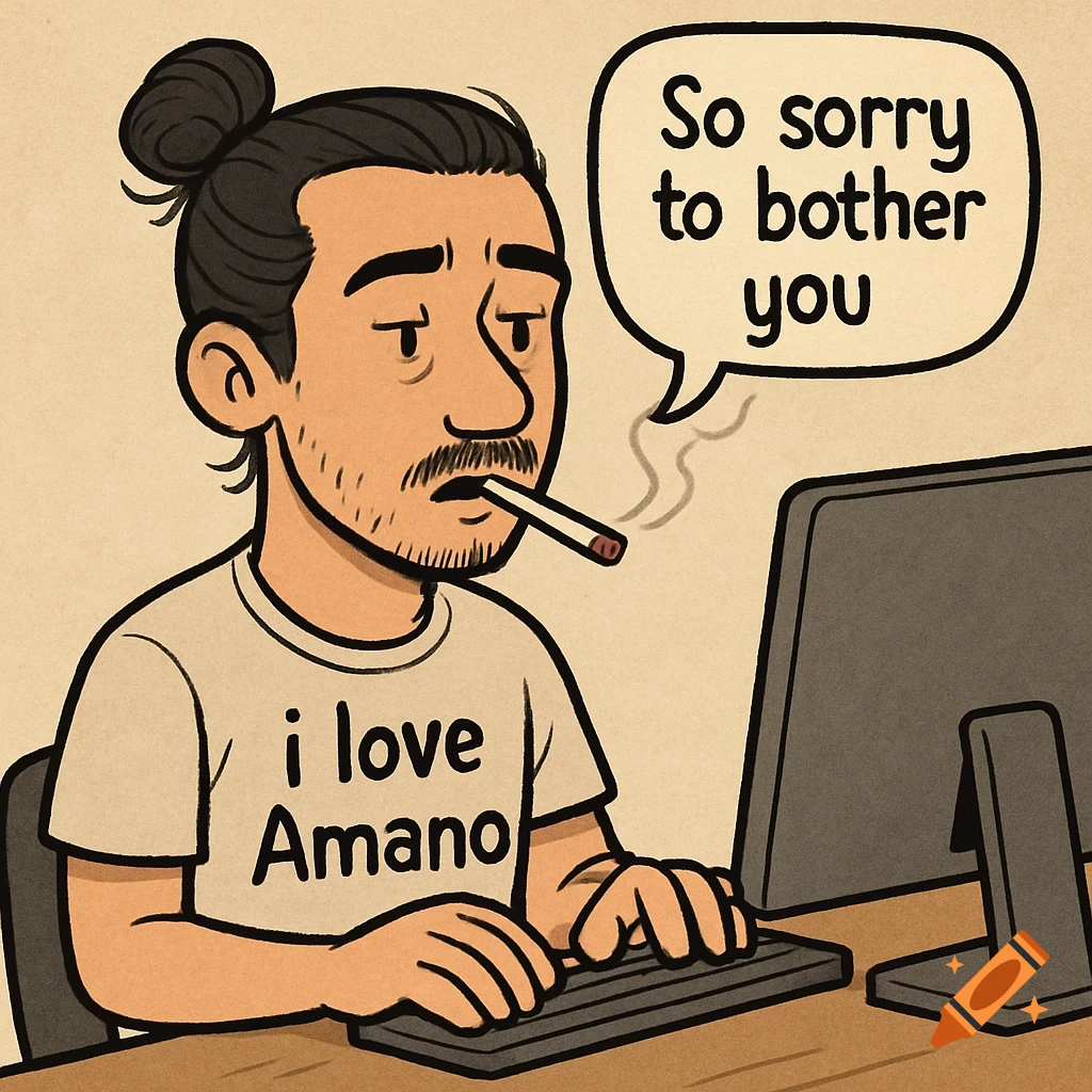Cartoon man with a man bun and mustache smoking a cigarette, sitting at a computer. He wears a shirt that says "i love Amano" and a speech bubble above his head says "So sorry to bother you."