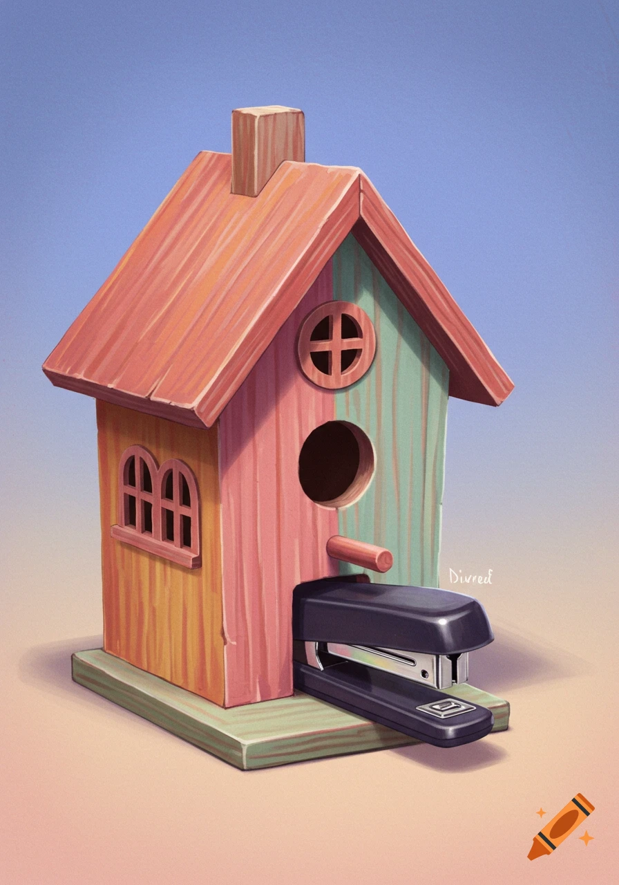 Digital painting of a colorful wooden birdhouse with a black stapler sticking out of its entrance hole.