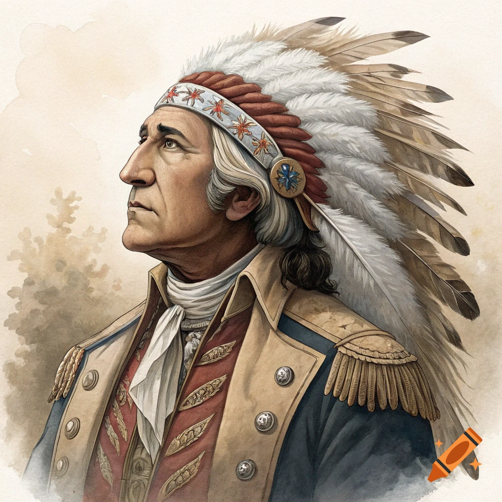 Watercolor portrait of George Washington wearing a Native American feathered headdress and military uniform.