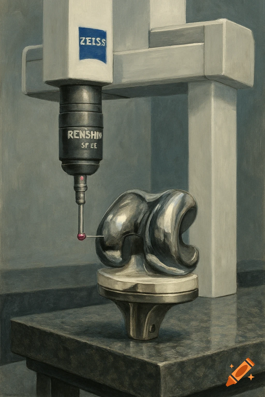 A coordinate measuring machine with a red ruby stylus inspecting a shiny metallic knee replacement implant on a stand.