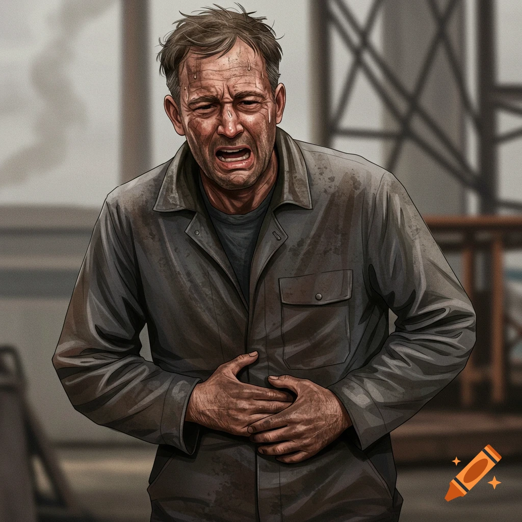 A man in dirty work clothes grimaces in pain, holding his stomach in a digital illustration.