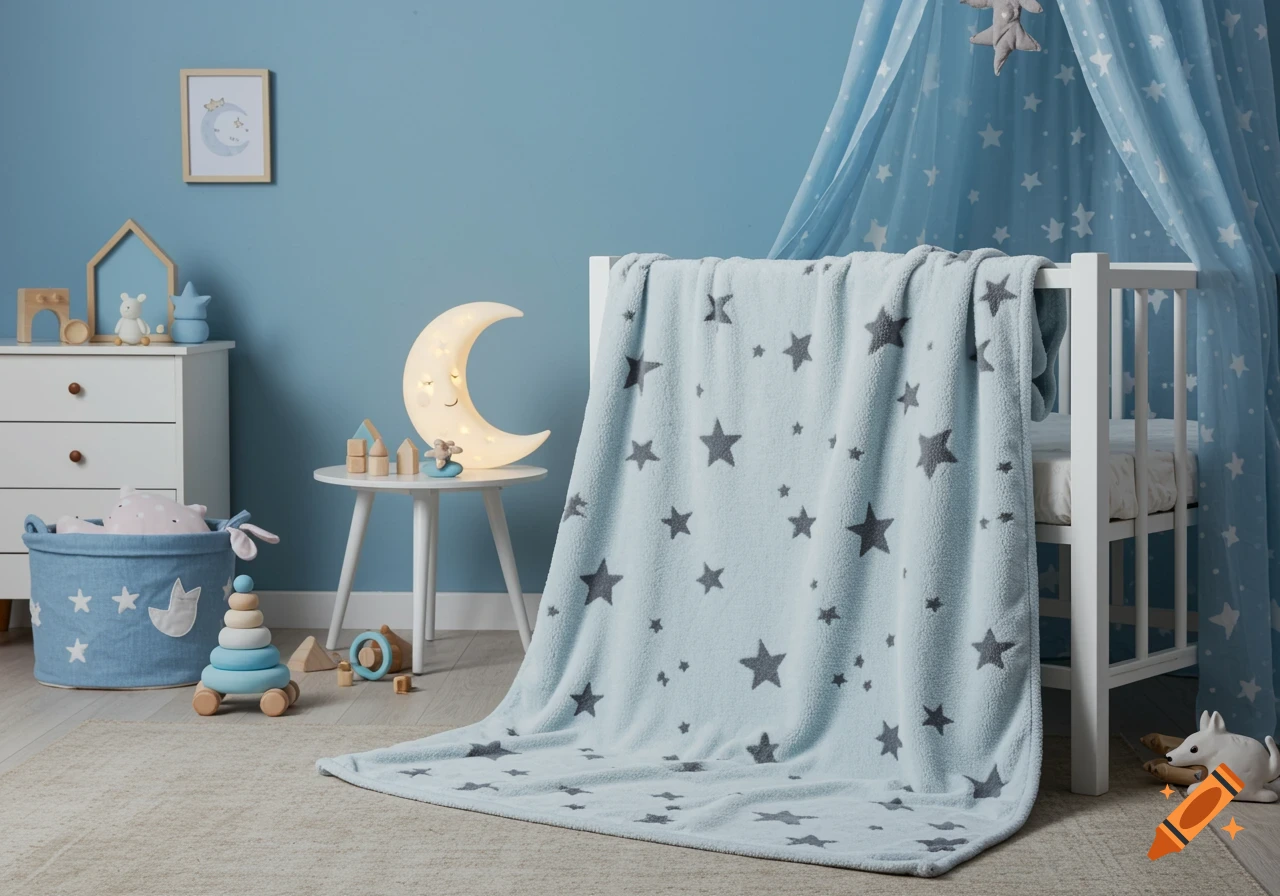 A cozy baby nursery featuring a white crib with a blue star-patterned blanket, a glowing moon night light, and wooden toys.