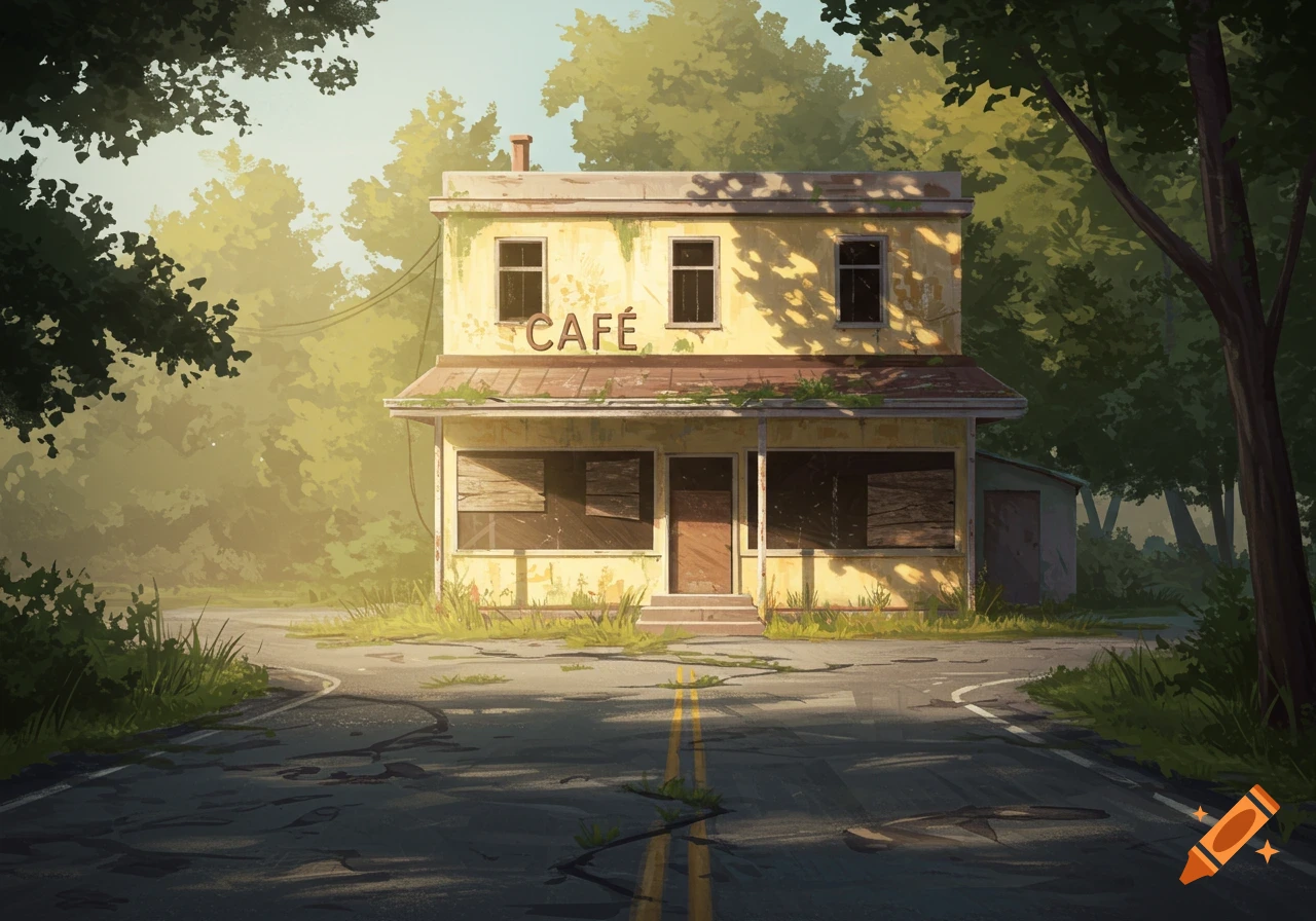 An abandoned cafe with a 'CAF ' sign stands at a fork in a cracked road, surrounded by overgrown nature, in a stylized illustration.