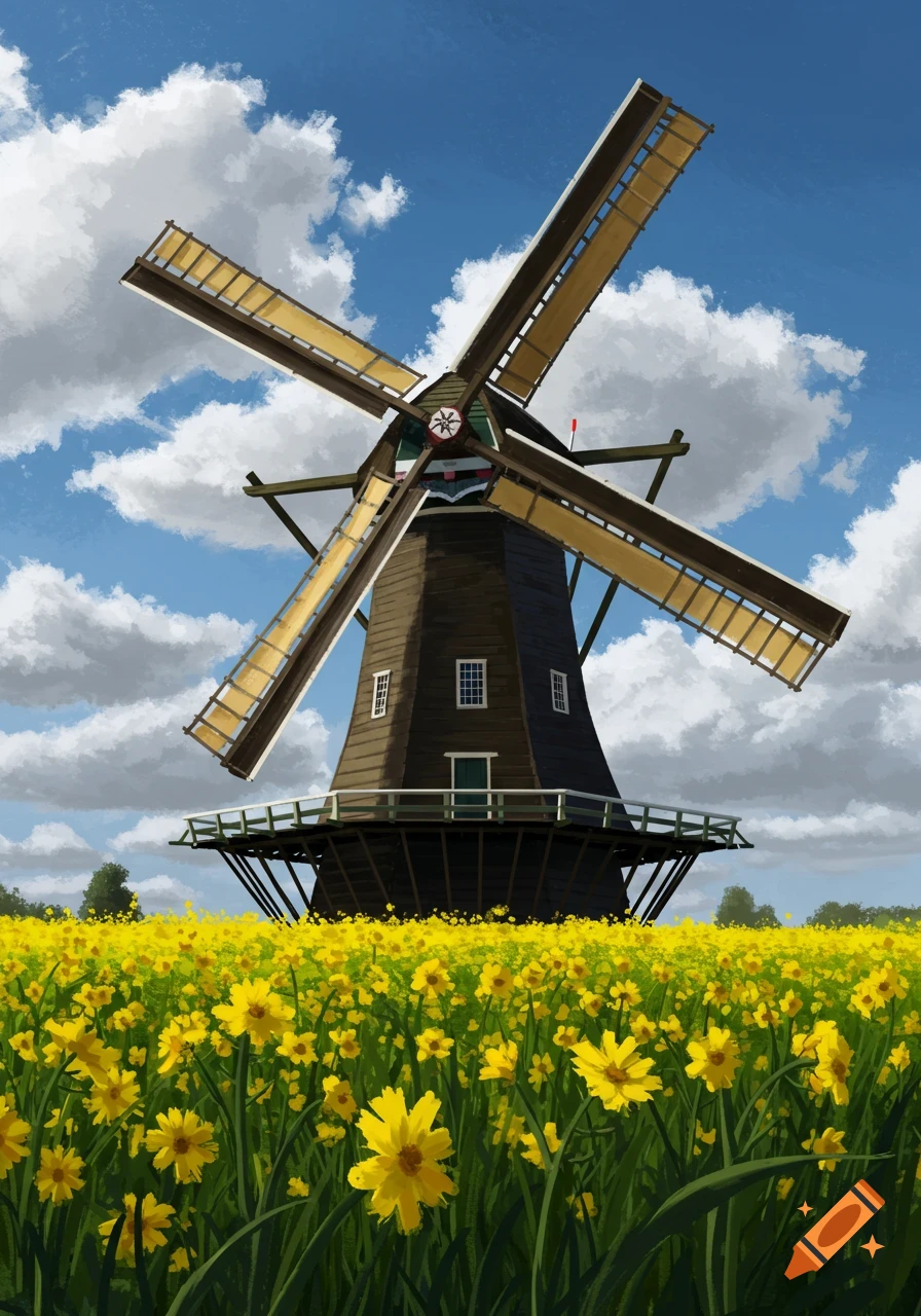 A dark brown windmill with yellow blades stands in a vibrant field of yellow flowers under a blue sky. Illustration style.