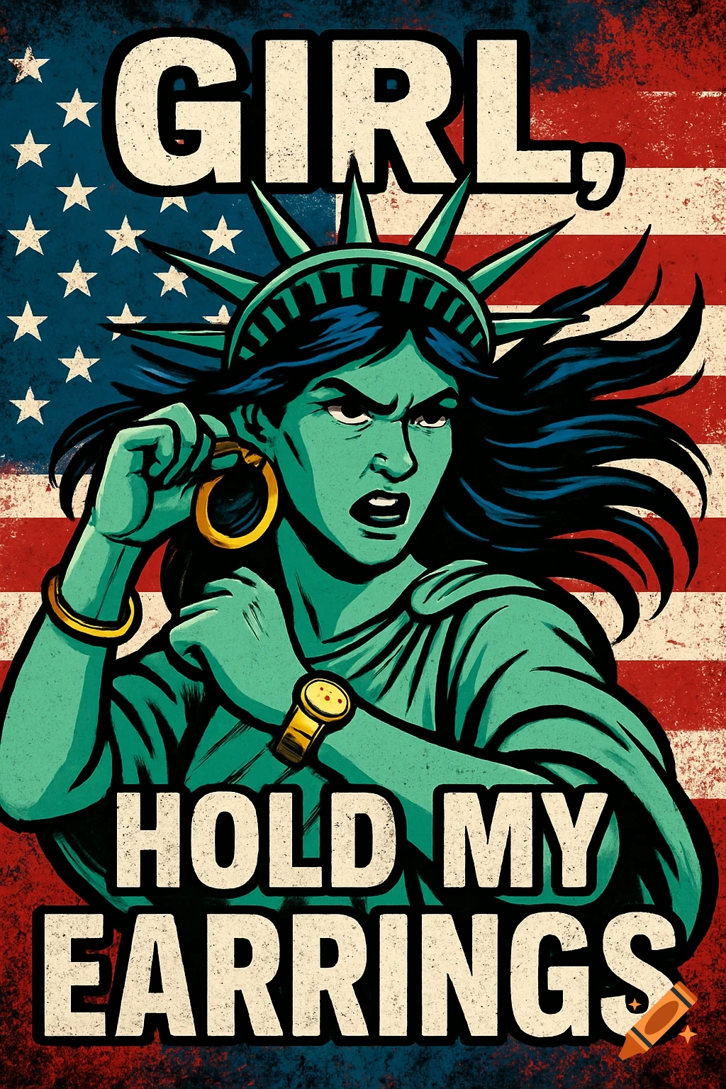 Fierce cartoon Statue of Liberty taking off an earring against a distressed American flag with text "GIRL, HOLD MY EARRINGS" in pop art style.