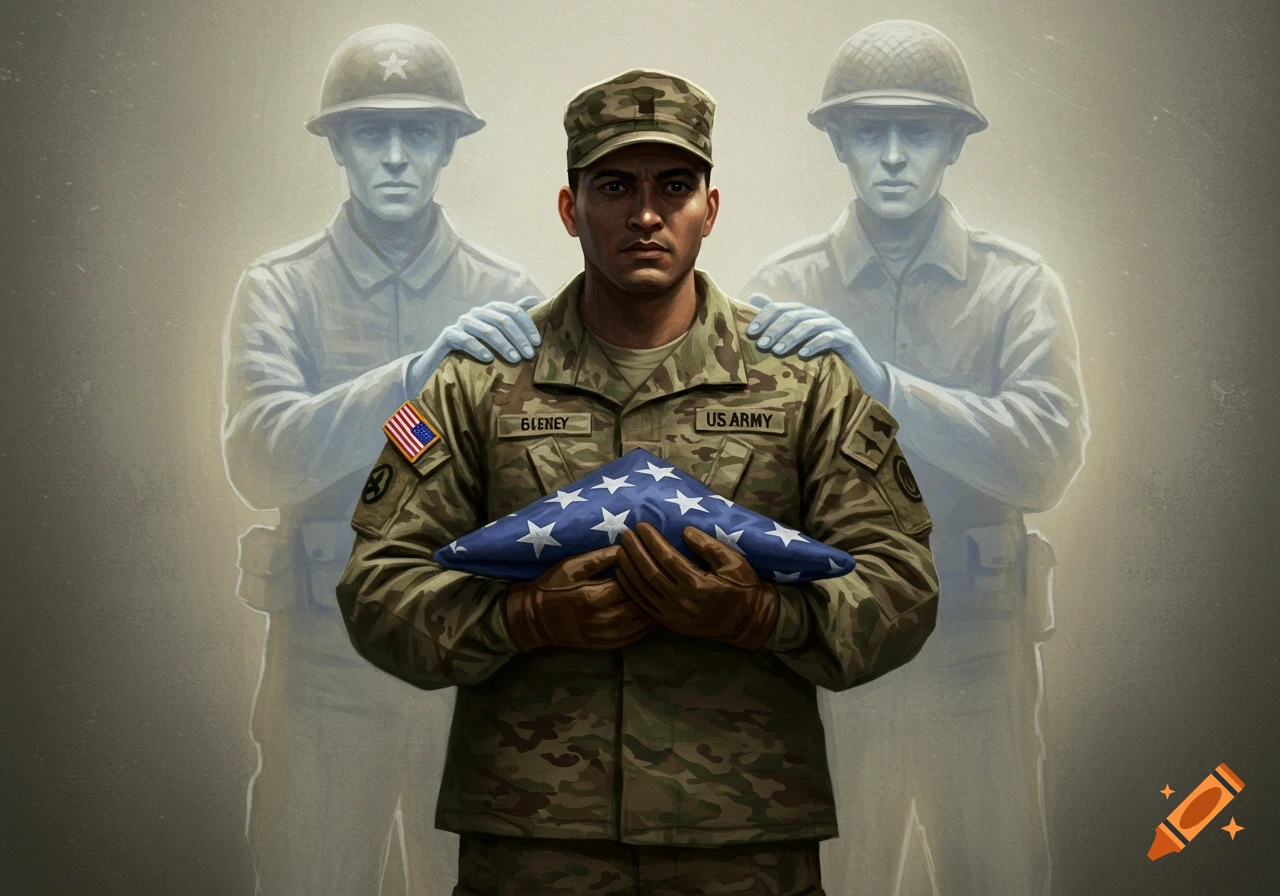 A male soldier in uniform holds a folded American flag, flanked by two ghostly soldiers with hands on his shoulders, in a somber, illustrative style.