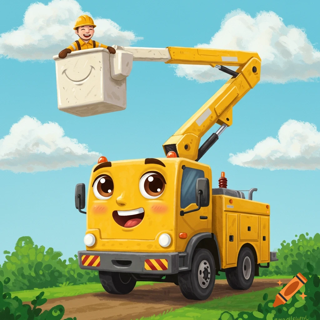 A smiling cartoon lineman sits in the bucket of a yellow utility truck with a friendly face, under a blue sky with clouds.