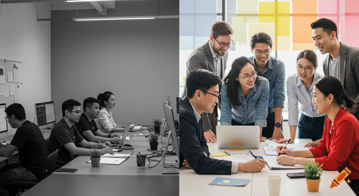 A split-screen image shows quiet workers in a grayscale office on the left, and a colorful, collaborating team in a vibrant office on the right.