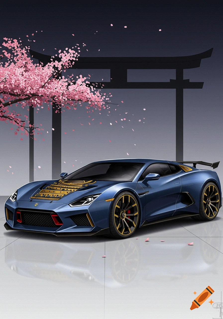 A futuristic blue sports car with gold samurai armor details on the hood, parked under a cherry blossom tree and a Japanese torii gate.