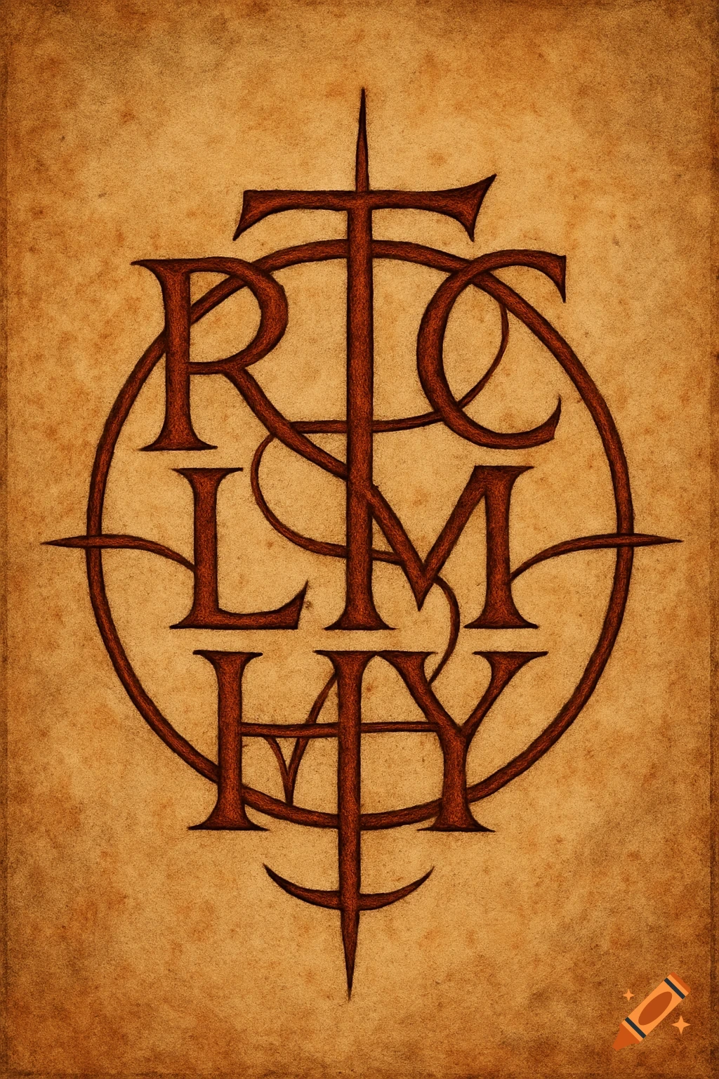 A stylized, interwoven sigil featuring the letters R, T, C, S, L, M, H, and Y, on a textured, aged paper background.