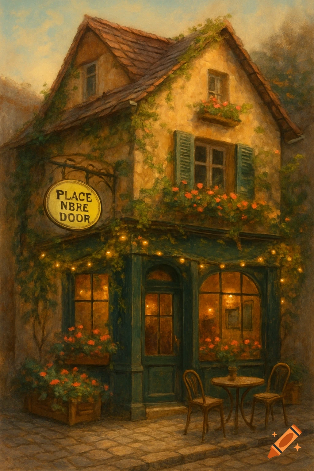 A charming vintage cafe on a cobblestone street with a sign, flowers, fairy lights, and outdoor seating. Painterly style.