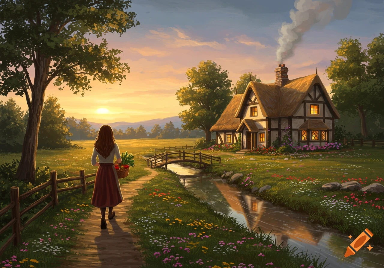 A woman walks on a path towards a thatched cottage with smoke from the chimney, beside a stream, at sunset in a vibrant, idyllic landscape.