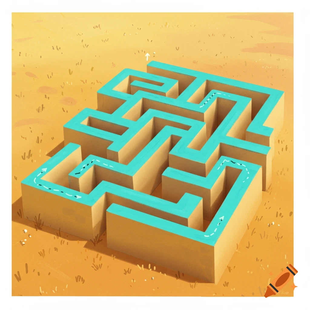 An illustrative top-down view of a turquoise maze on a sandy orange ground, with a dotted line indicating a path.