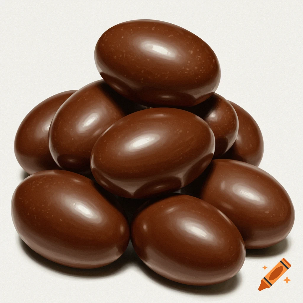 A close-up shot of a pile of shiny, brown chocolate eggs on a plain white background, with soft shadows.