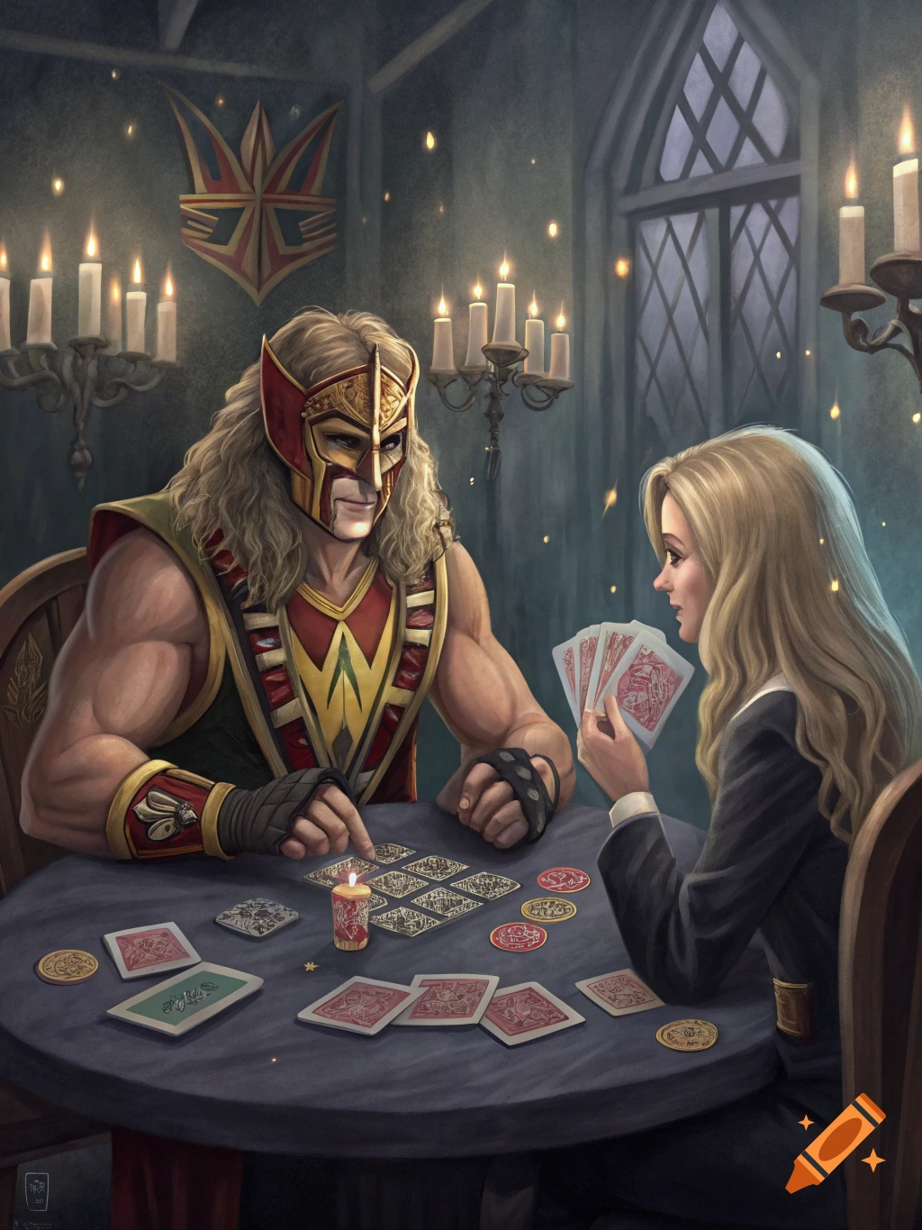 The Ultimate Warrior and Luna Lovegood play poker by candlelight in a dimly lit, atmospheric room.
