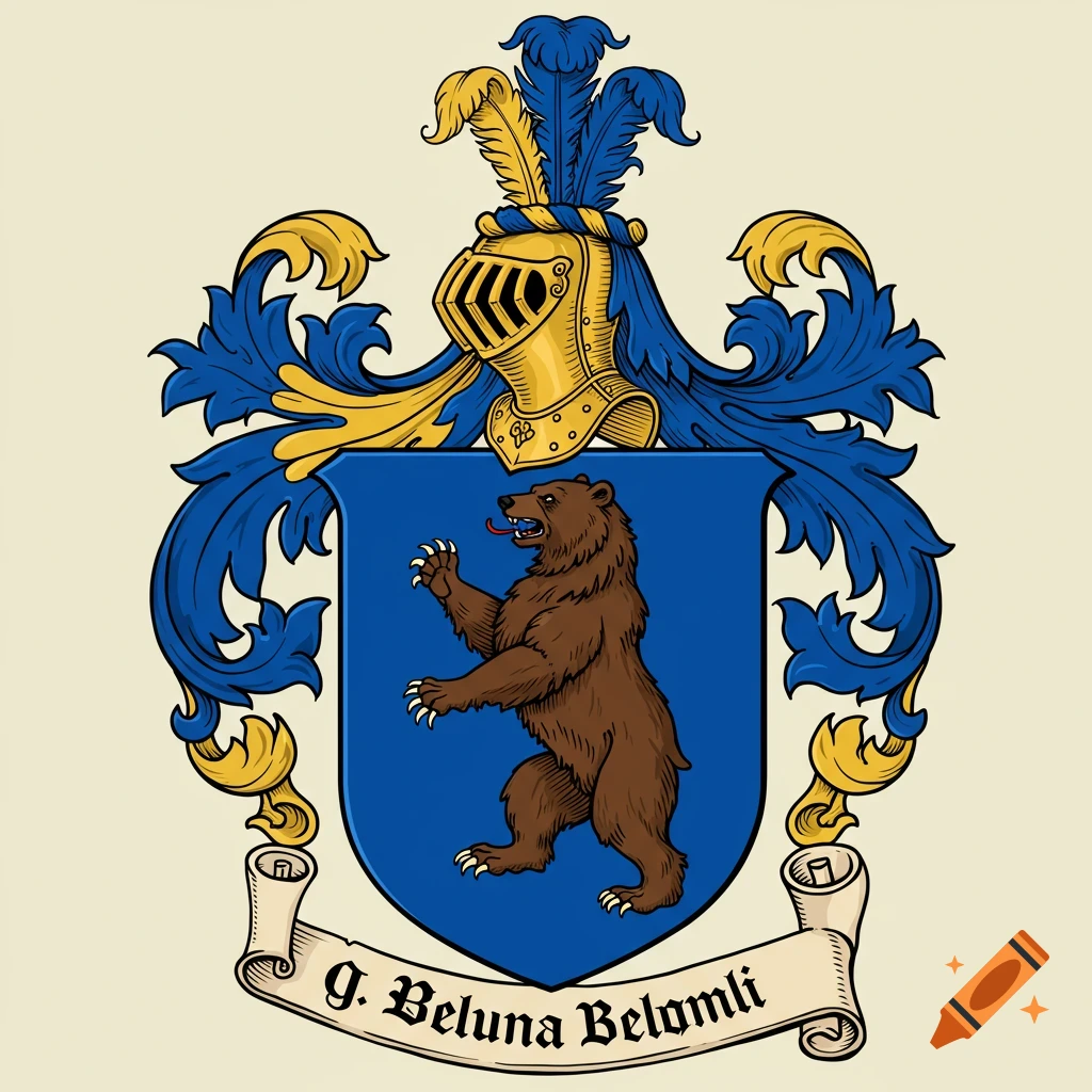 A medieval-style coat of arms with a rampant brown bear on a blue shield, adorned with a gold helmet and blue and gold mantling, with text on a scroll below.