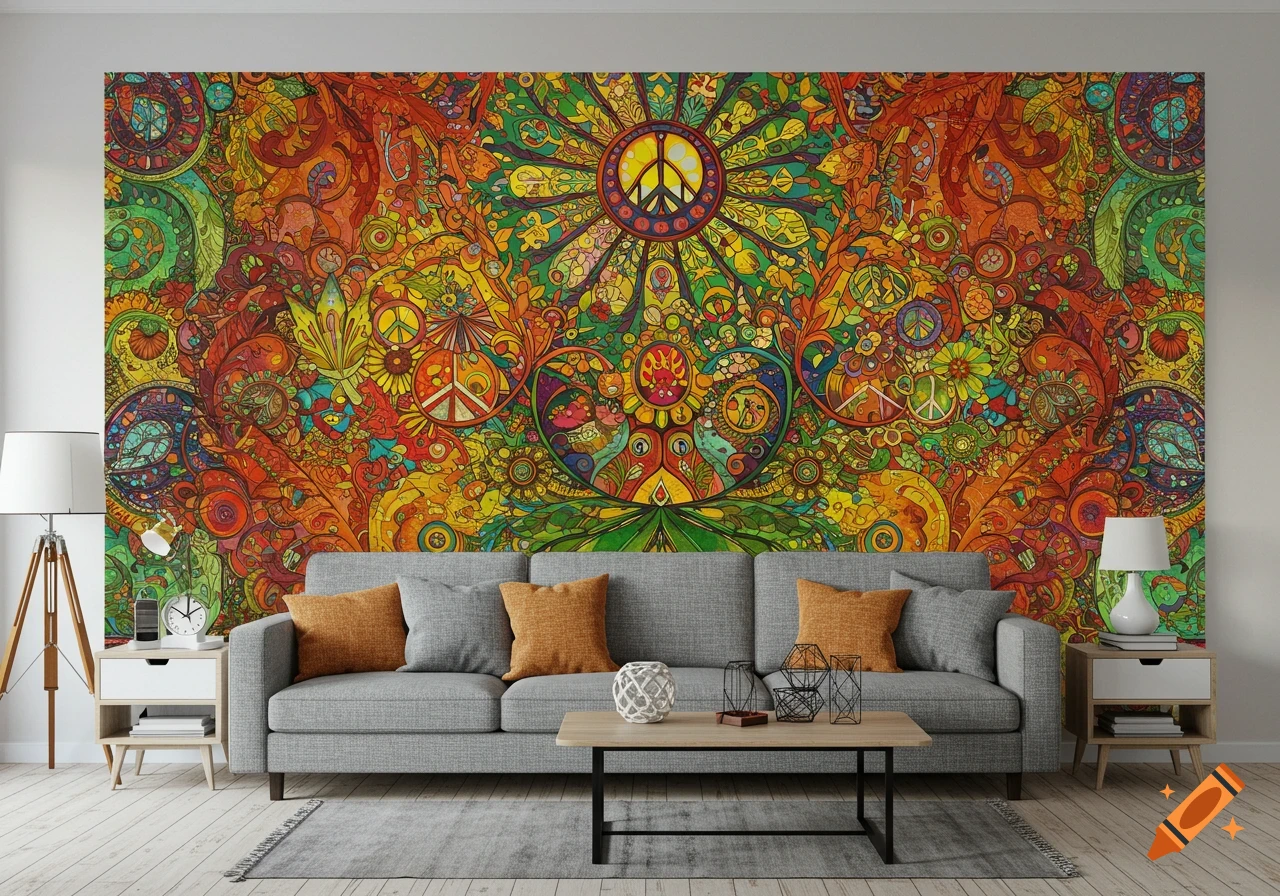 A vibrant living room featuring a large, colorful psychedelic mural adorned with peace symbols behind a gray sofa.