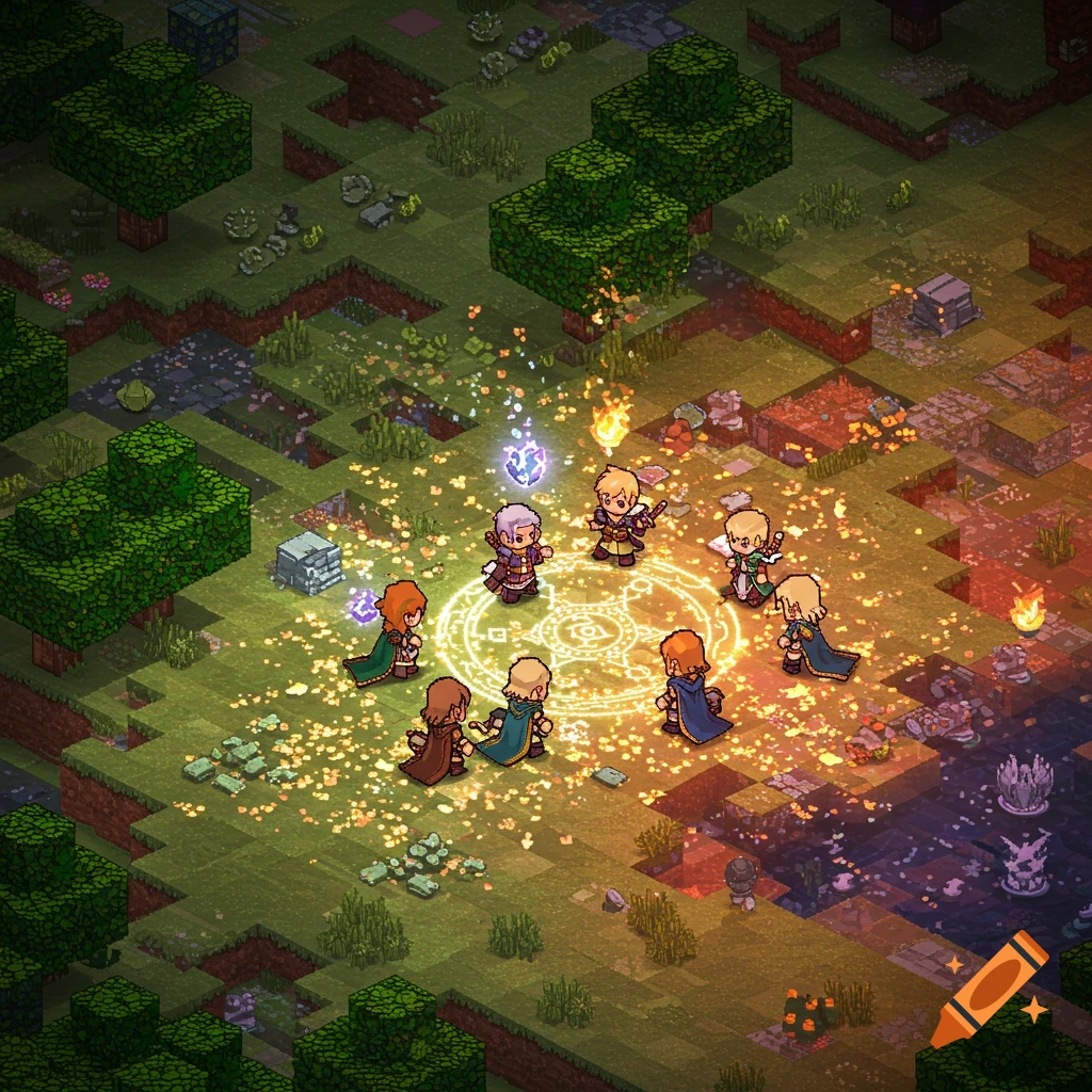 Isometric pixel art fantasy scene with spell casters forming a circle, casting magic in a blocky, vibrant landscape.