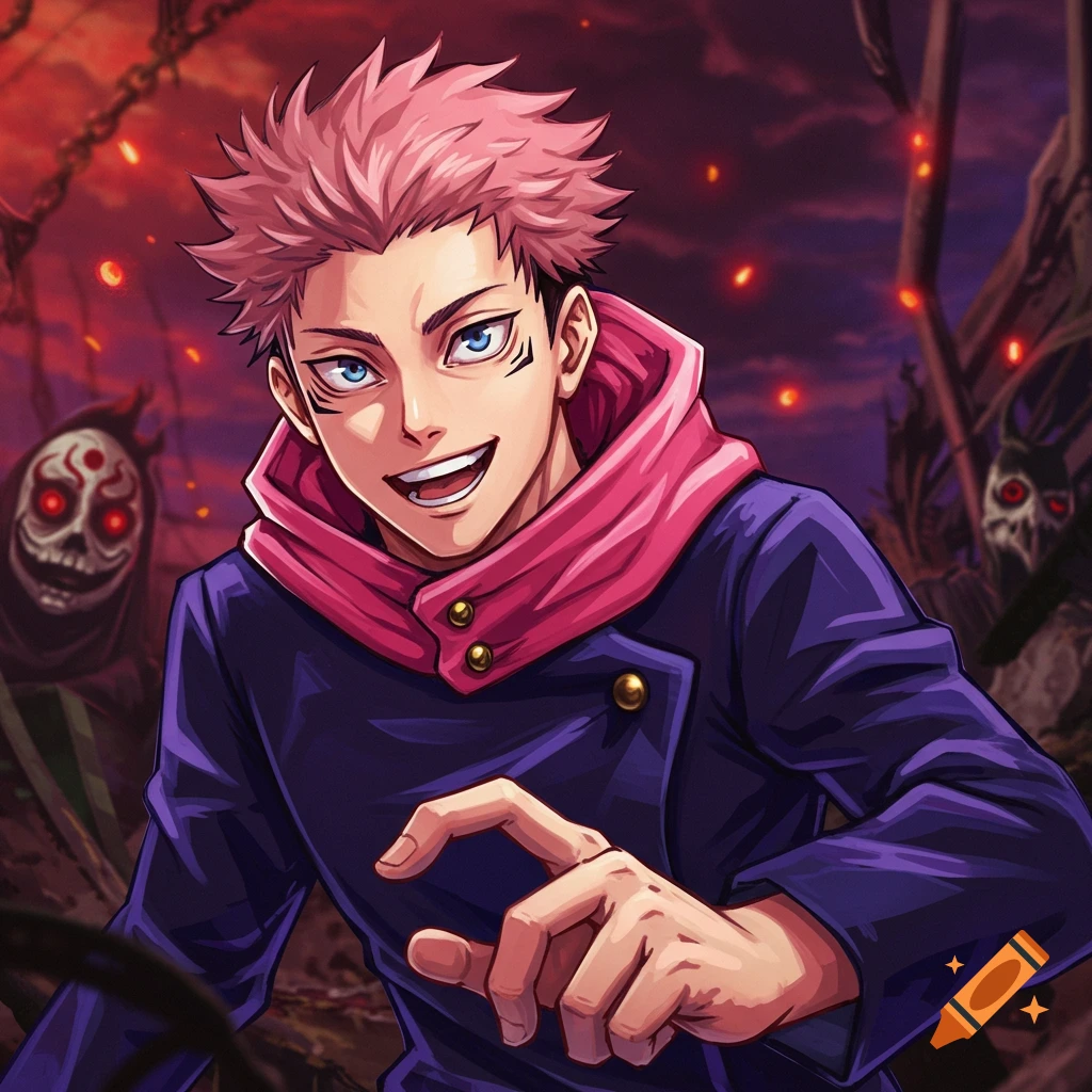 Anime illustration of Yuji Itadori from Jujutsu Kaisen with pink hair, blue eyes, and a wide grin, against a dark, ominous background with glowing red eyes.