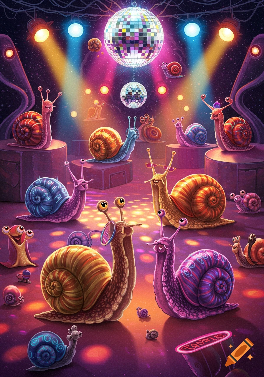 An illustration of numerous cartoon snails of various colors attending a vibrant disco party under colorful spotlights and shimmering disco balls.