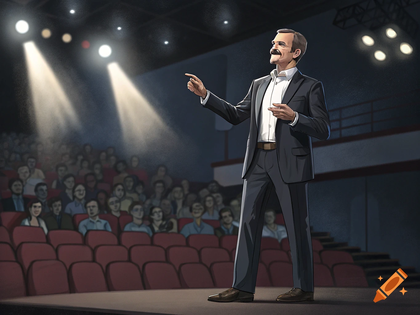 An illustrated man with a mustache on a stage speaking to a blurred audience under spotlights.