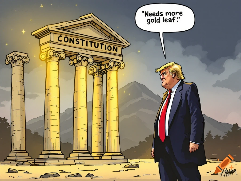 Cartoon of Donald Trump looking at a golden Roman-style building labeled "Constitution" and saying "Needs more gold leaf!".