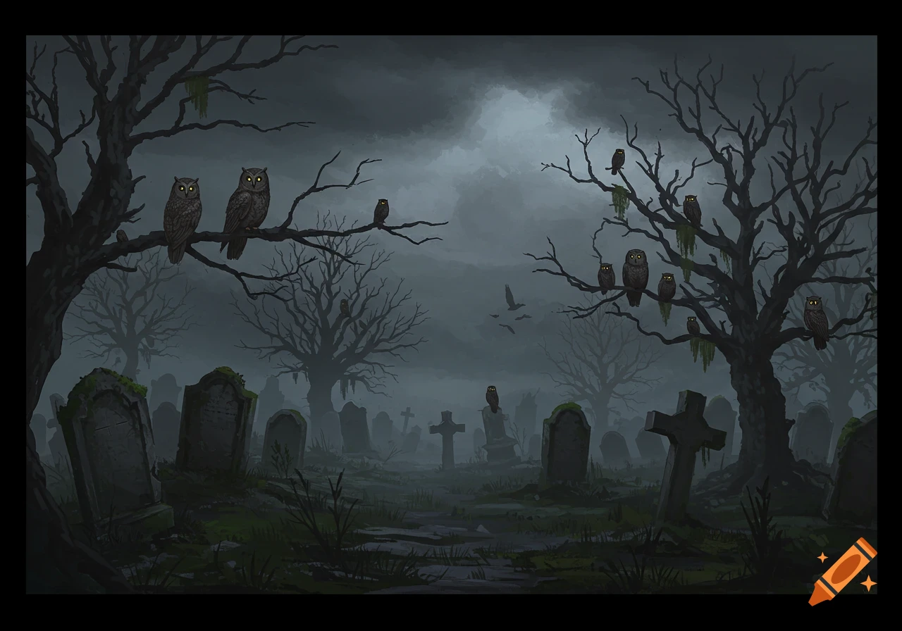 A dark, atmospheric illustration of a crumbling graveyard with bare trees and several owls perched on branches under a cloudy sky.
