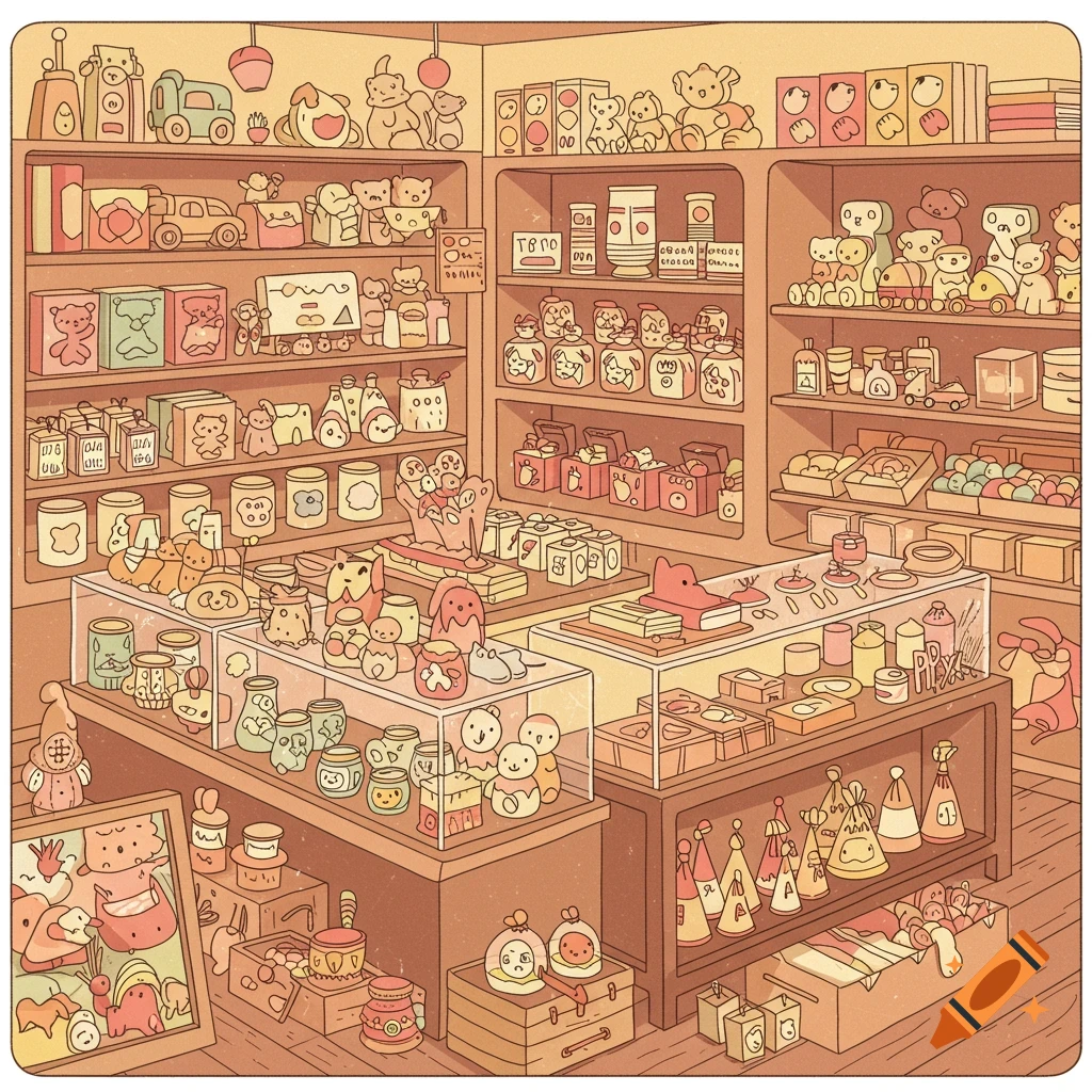 A cute, warm-toned vector art illustration of a shop filled with various small toys, plushies, and decorative items on shelves and in display cases.