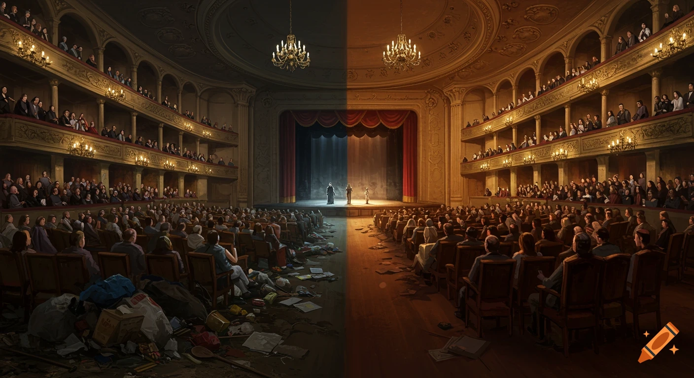 A split theater scene showing a dark, trash-filled, dilapidated audience section on the left and a brightly lit, luxurious, clean audience section on the right, both facing a stage.