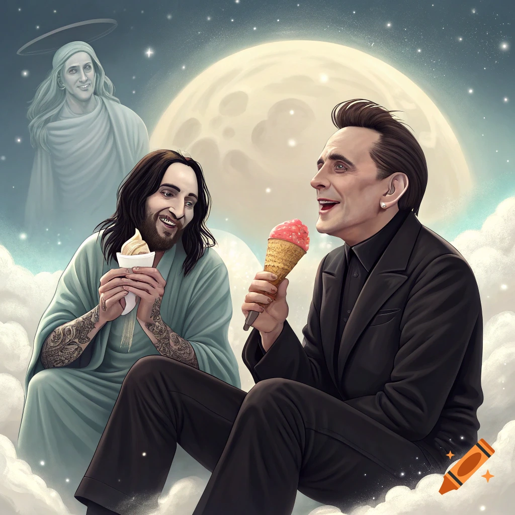 Marilyn Manson and Johnny Cash sit on clouds with Jesus in the background, all eating ice cream cones under a starry, moonlit sky in a whimsical illustration.