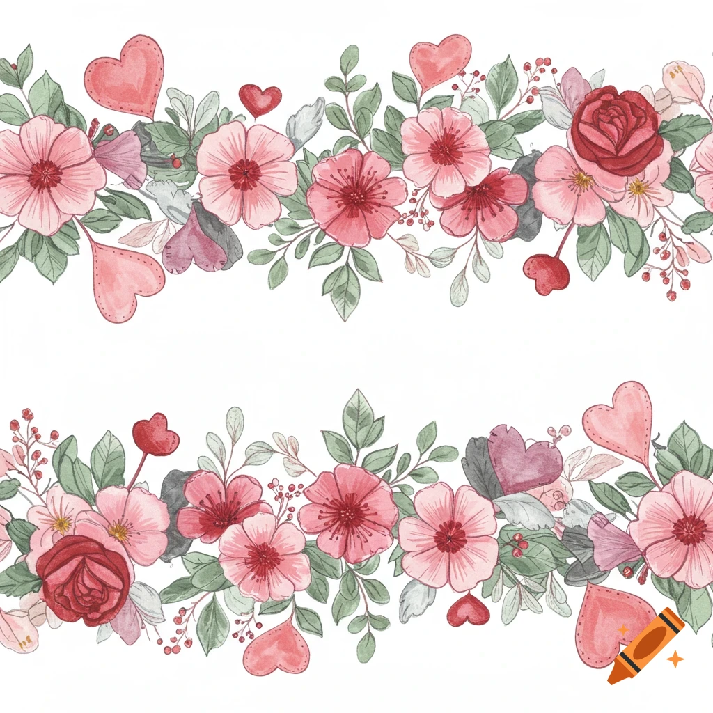 Two horizontal watercolor floral borders with pink and red flowers, green leaves, and red hearts on white.