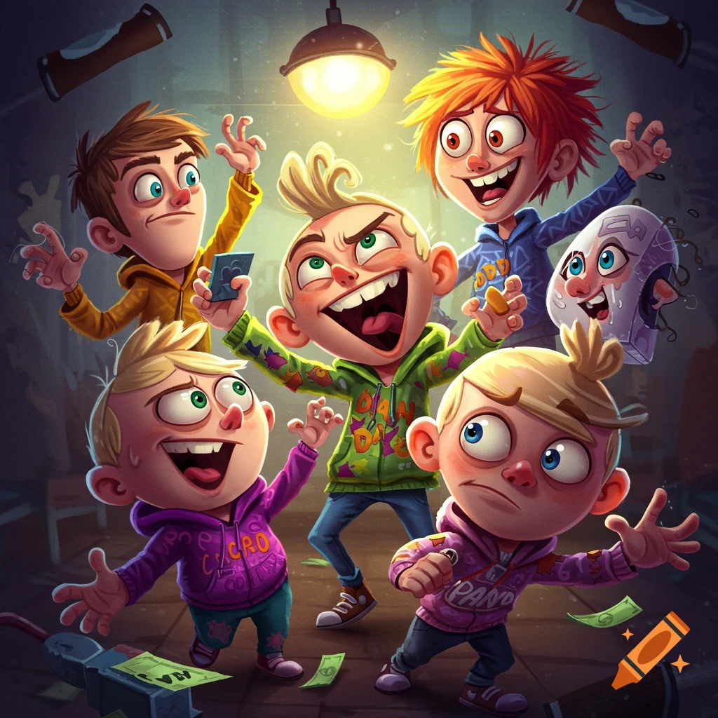 A vibrant cartoon illustration of five excited and mischievous-looking boys in hoodies, some money on the ground.