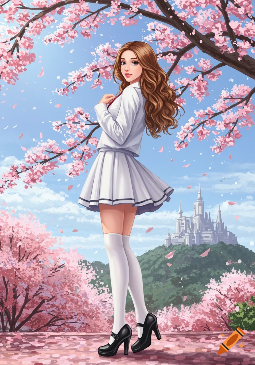 An anime-style illustration of a girl with long brown hair in a white uniform, standing under a pink cherry blossom tree with a castle in the background.