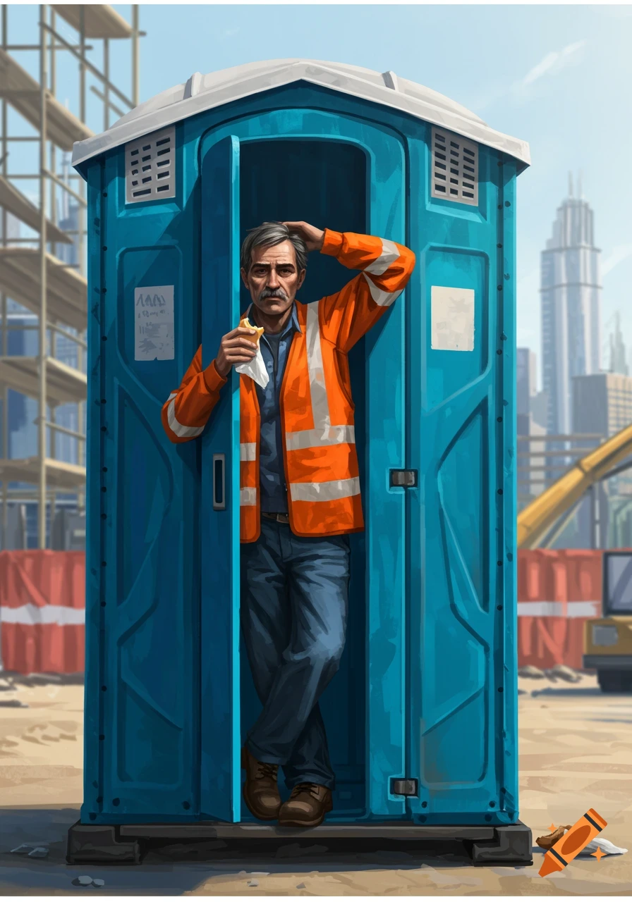 A stylized illustration of a construction foreman leaning out of a blue porta-john on a construction site, eating a snack.