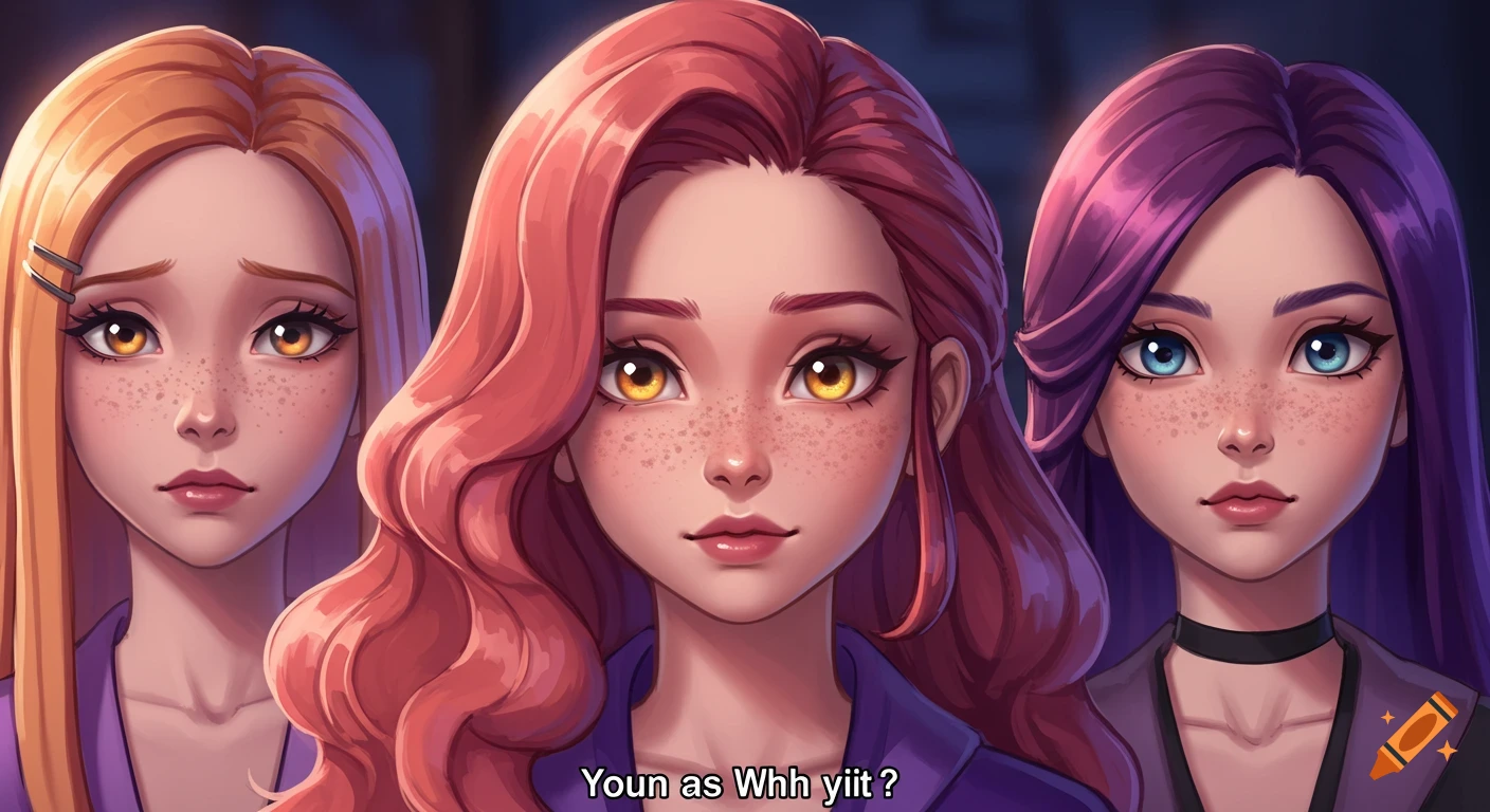Animated portrait of three girls with long hair of different colors (blonde, pink, purple) and varying eye colors.
