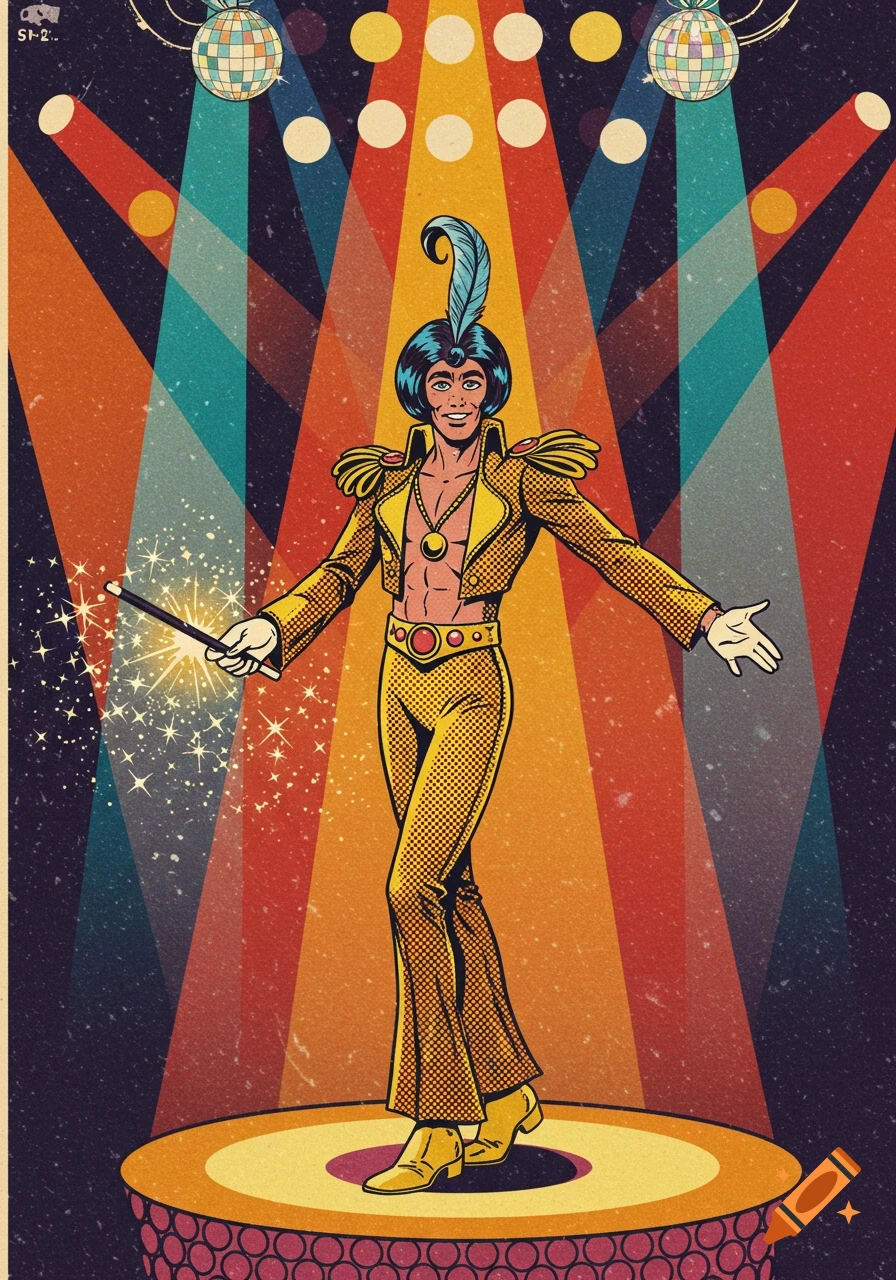 A disco-themed stage magician superhero in a yellow suit poses on a spotlighted stage with a sparkling magic wand in a pop art style.