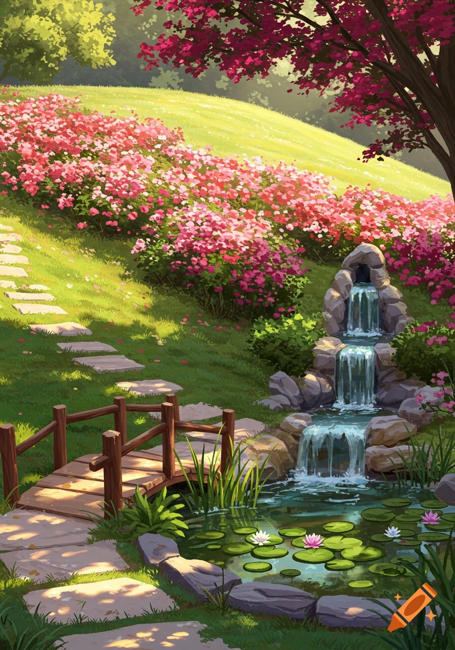 An illustrative garden scene with a waterfall, lily pond, wooden bridge, and path winding through a hillside of pink flowers.