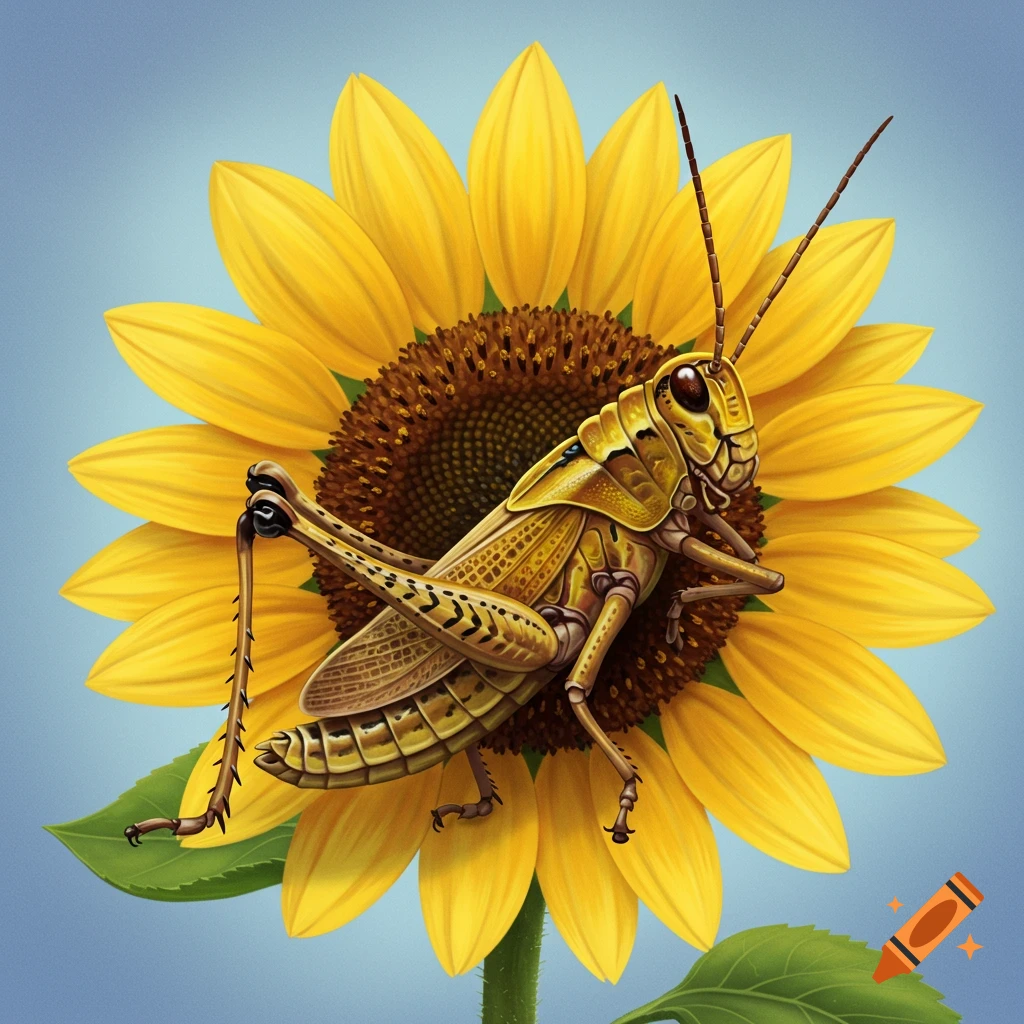 A detailed illustration of a golden-brown grasshopper resting on the center of a vibrant yellow sunflower against a blue sky.
