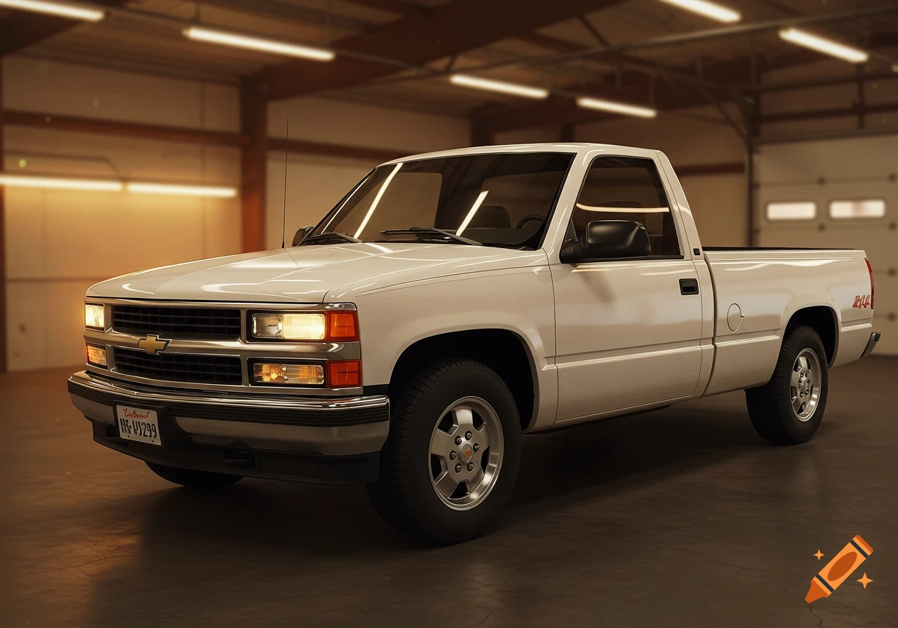 A white 2001 Chevrolet Silverado pickup truck parked in a garage.