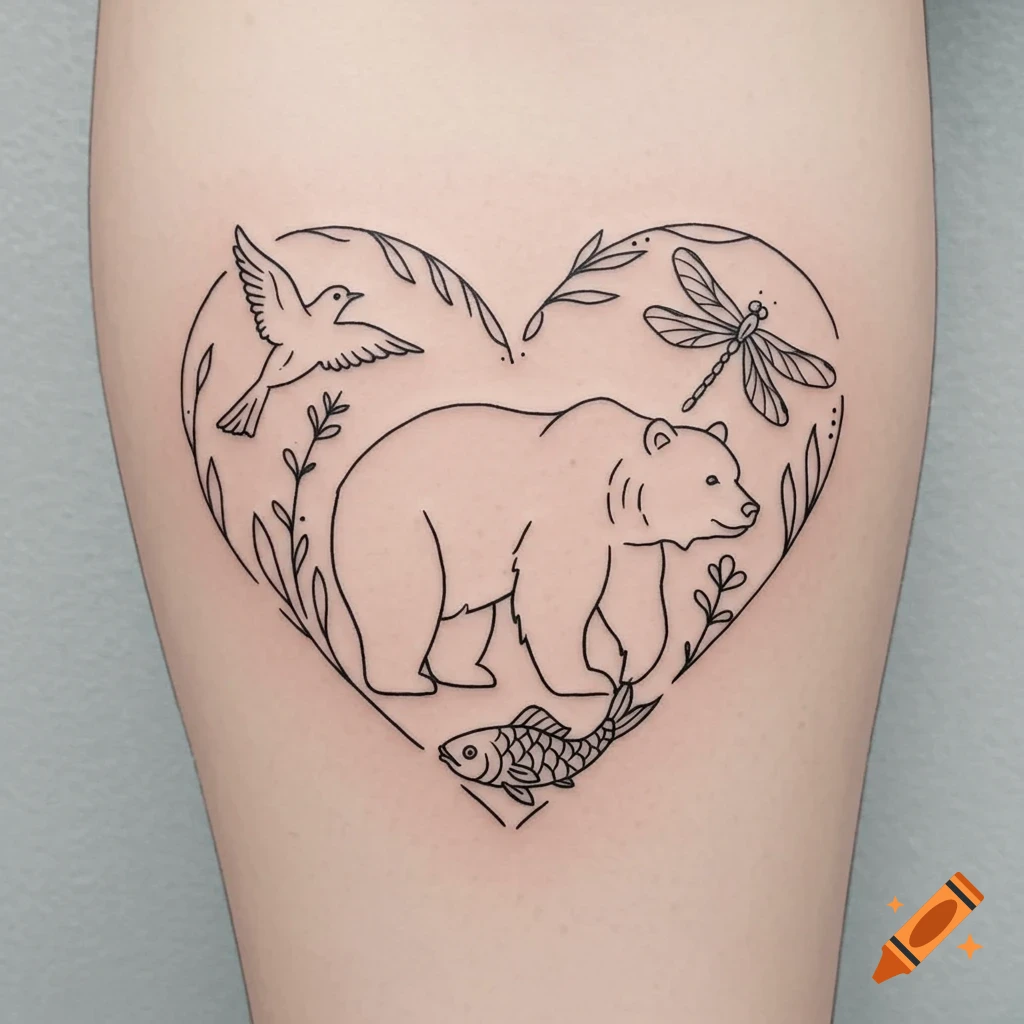 Line art tattoo design featuring a bear, fish, bird, and dragonfly surrounded by leaves within a heart shape.