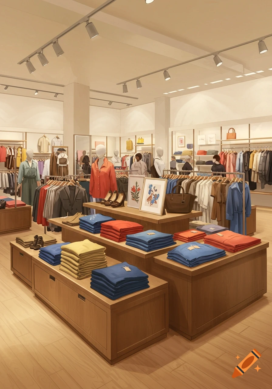 An interior view of a well-lit clothing store with mannequins, racks of clothes, and folded apparel on wooden displays.