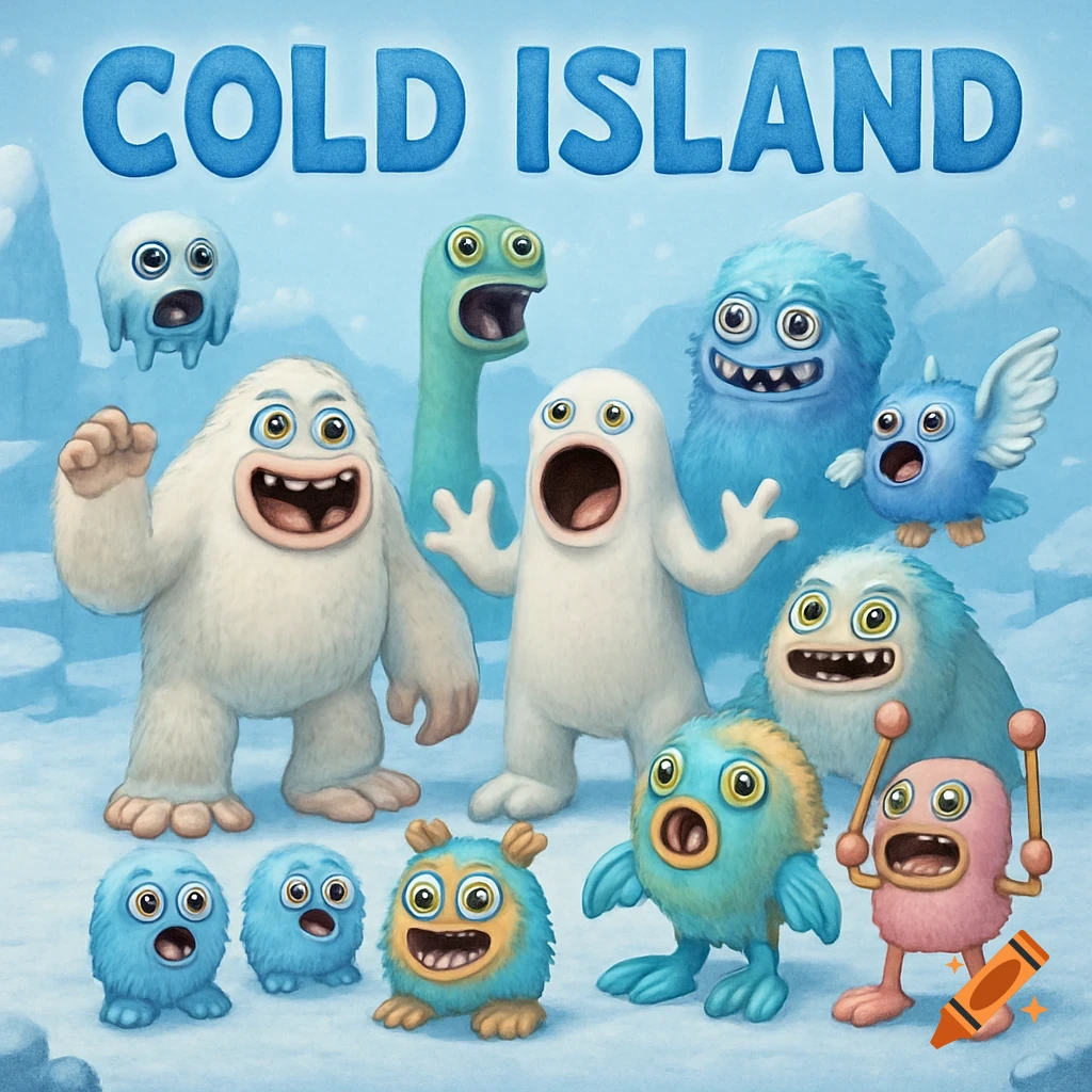 Colorful, cartoonish monsters on a snowy island with the text 'COLD ISLAND' at the top.