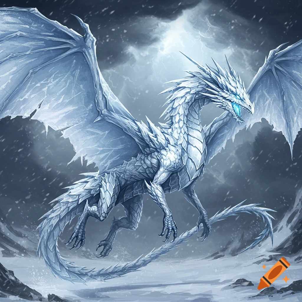 A majestic white ice dragon with glowing blue eyes flies through a snowy, stormy sky.