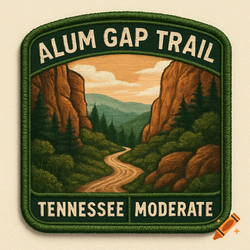 Embroidered trail patch for Alum Gap Trail in Tennessee, depicting a winding path through green mountains, with 'Moderate' difficulty.