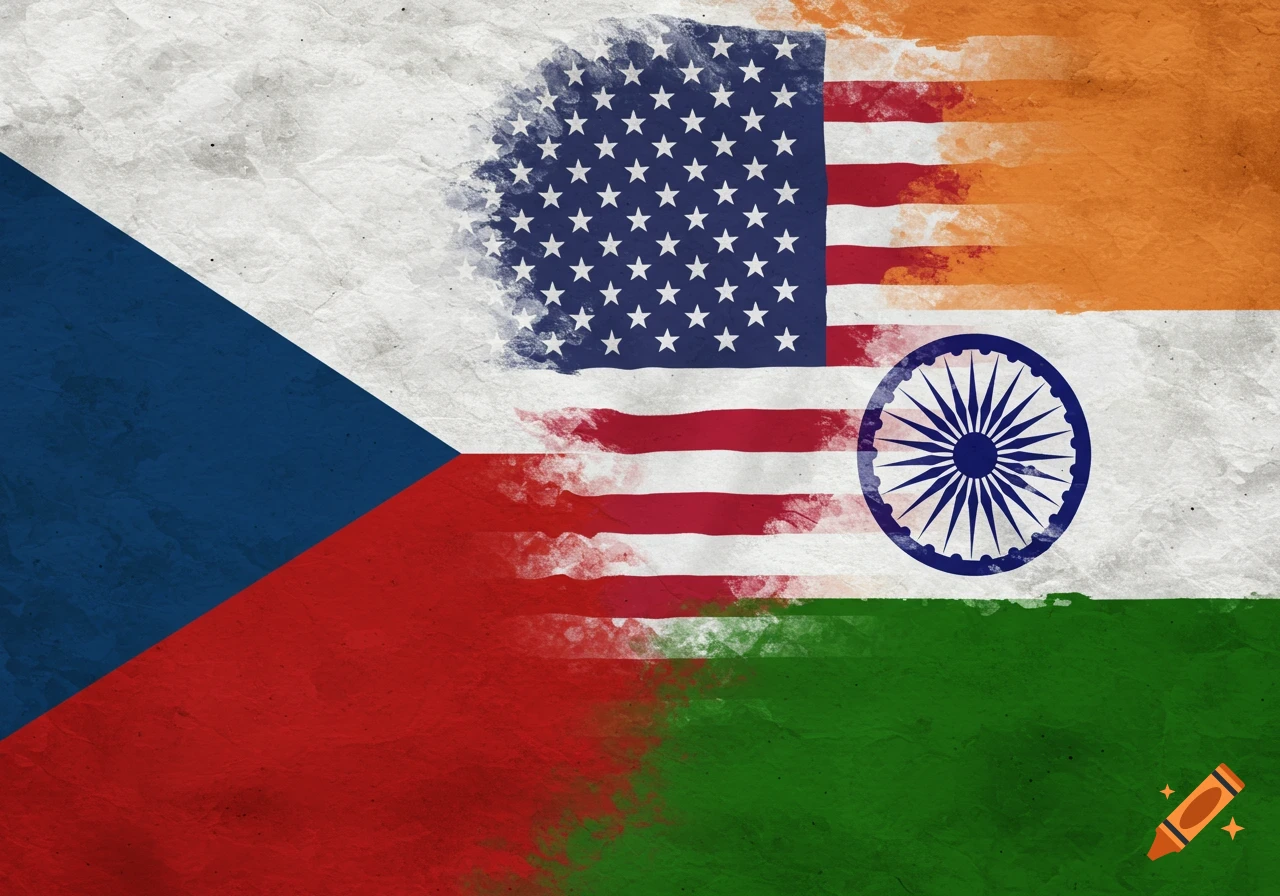 A grunge-textured image blending the Czech flag on the left, the US flag in the center, and the Indian flag on the right.