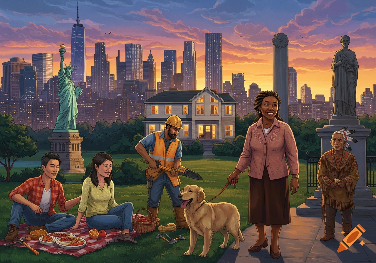 An illustration of diverse people picnicking and walking with a dog in a park, with NYC skyline and Statue of Liberty at sunset.