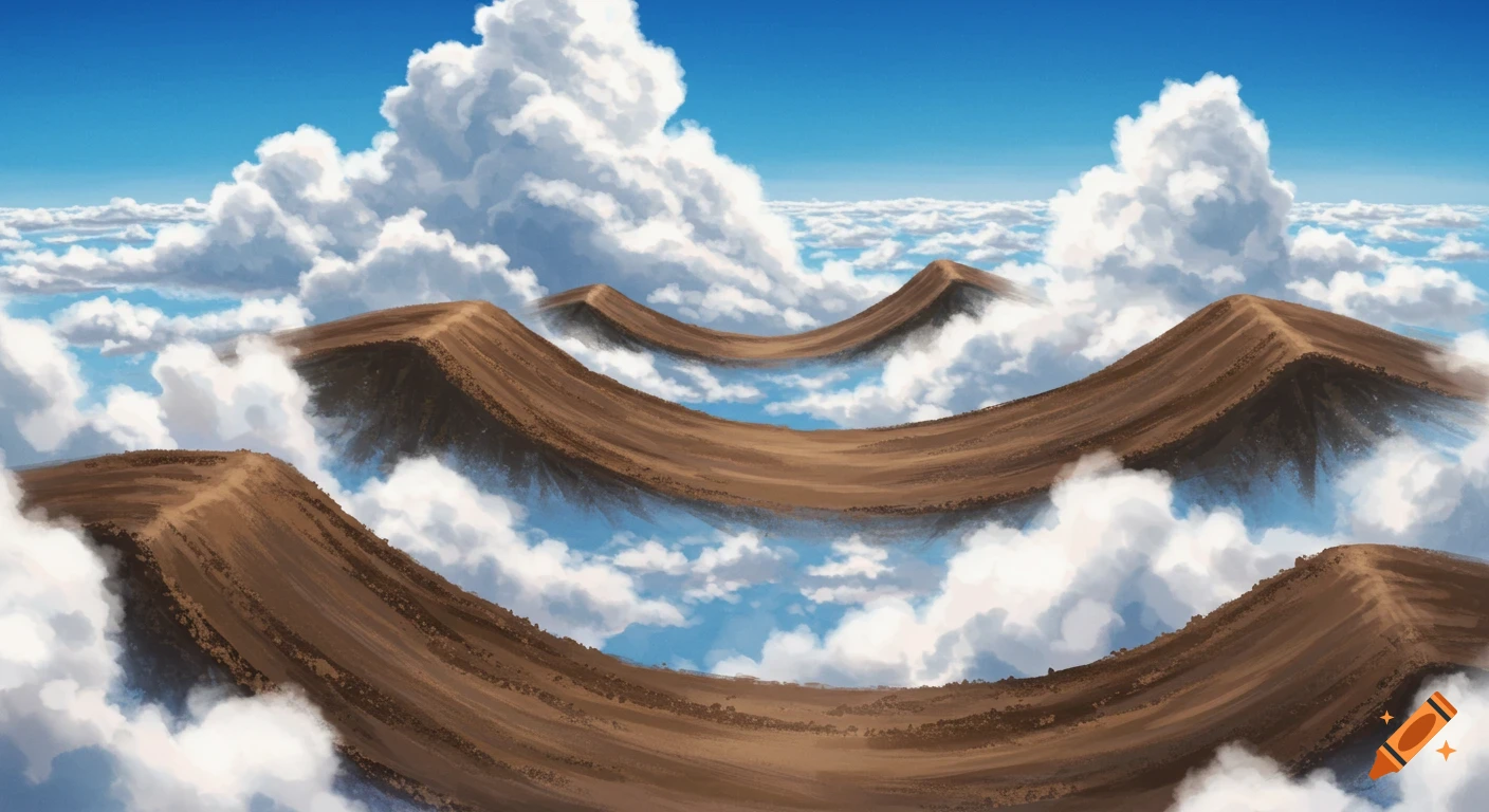 Painterly, surreal landscape of brown motocross dirt tracks floating among white clouds in a bright blue sky.