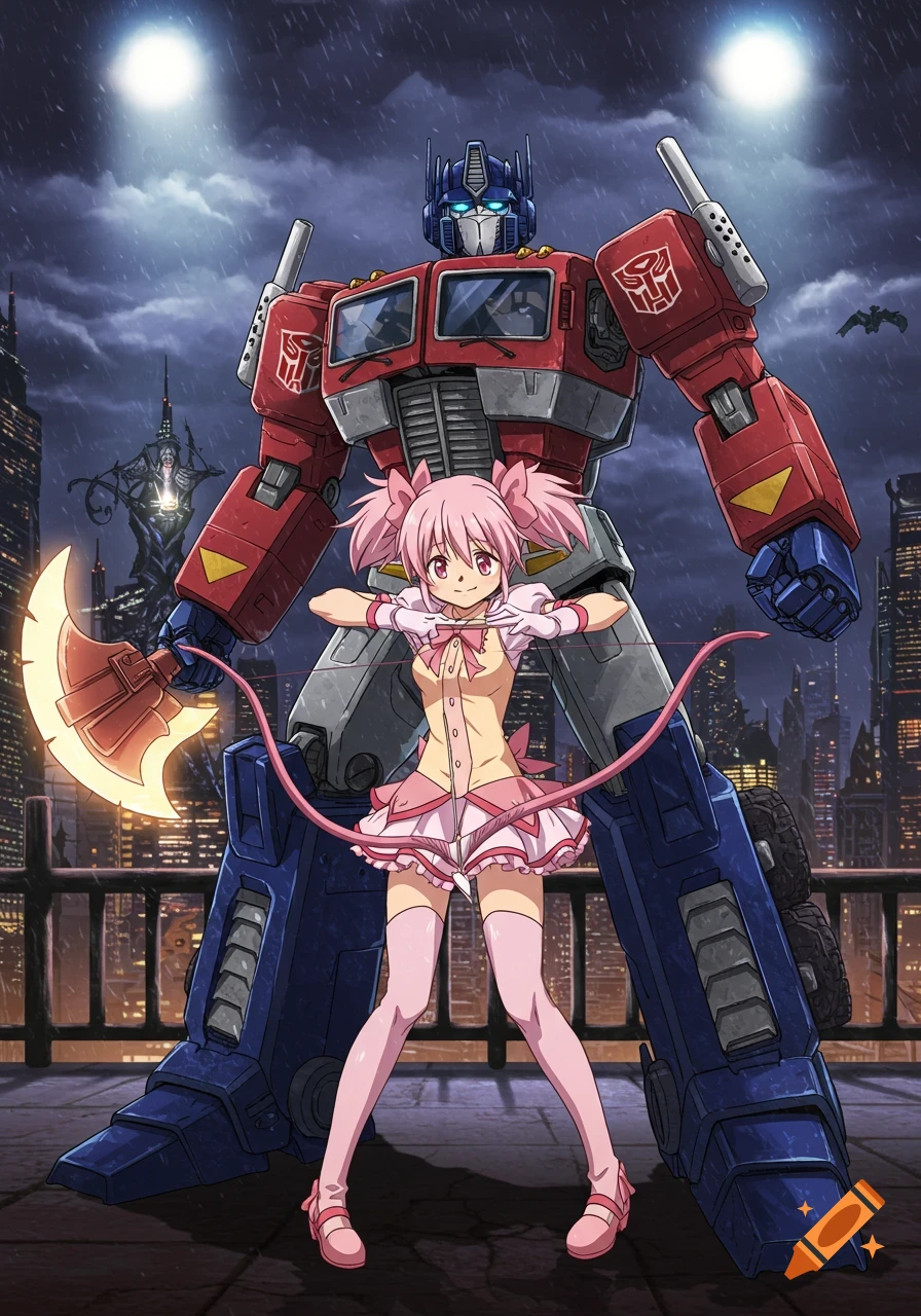 An anime illustration of a large Optimus Prime robot and a small magical girl in pink, Madoka Kaname, standing on a rainy rooftop with a city skyline at night.