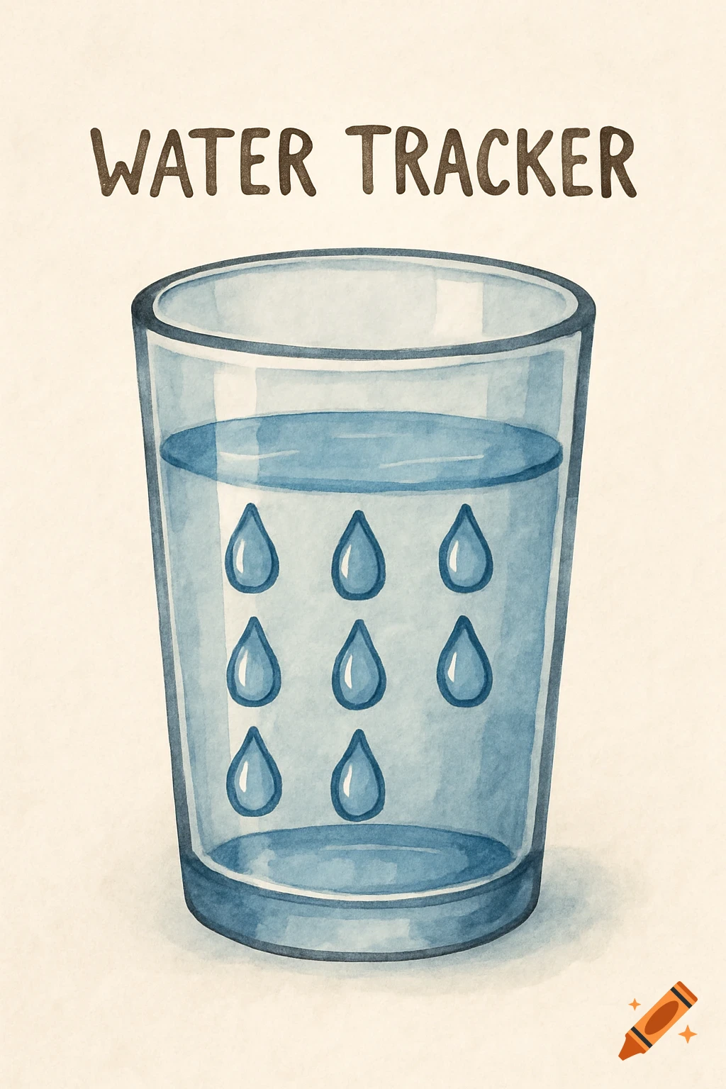 A watercolor illustration of a glass with water and blue water droplets, with the text 'WATER TRACKER' above.